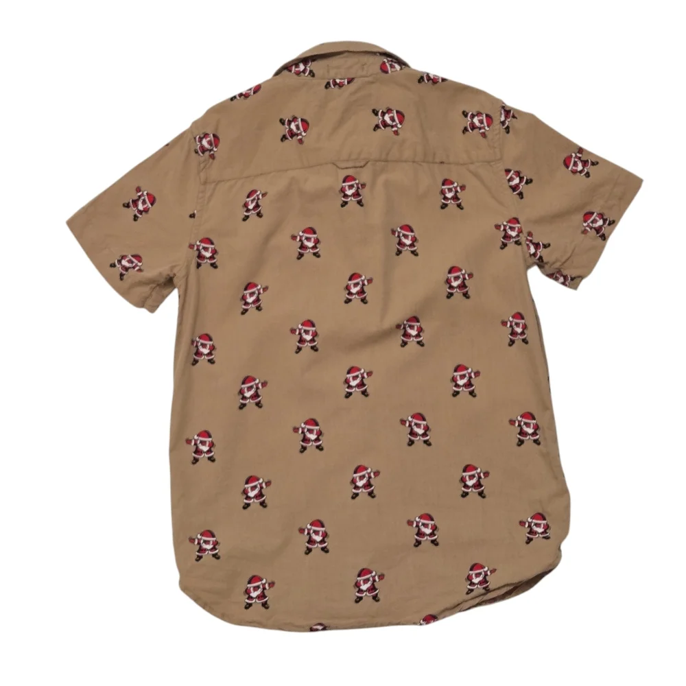 Denim & Flower Ricky Singh tan short sleeve button down Santa Dab print 9/10